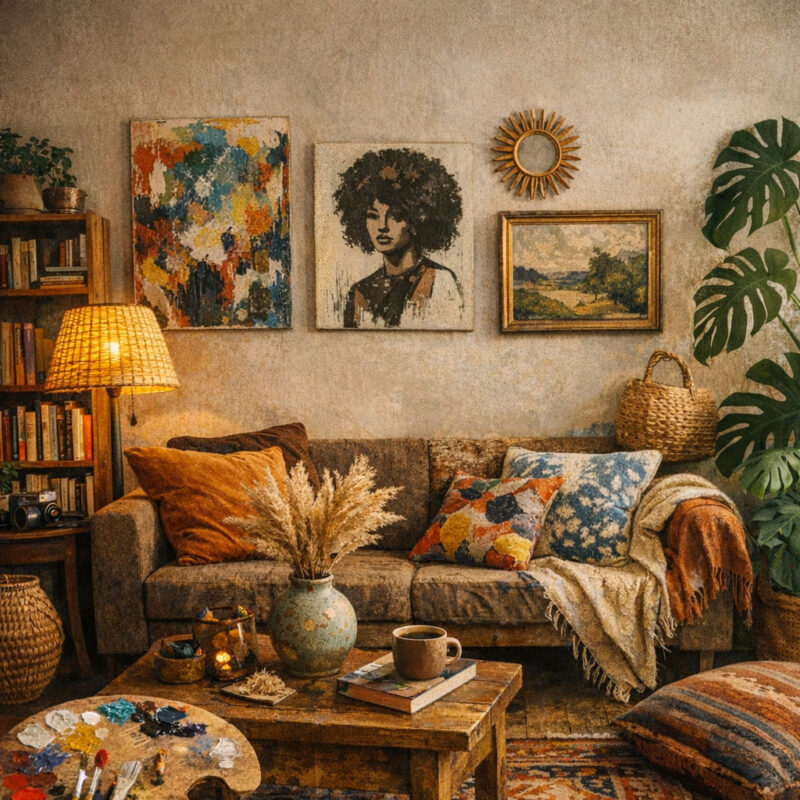 Decoração com quadros em uma sala acolhedora com arte, personalidade e composição visual livre