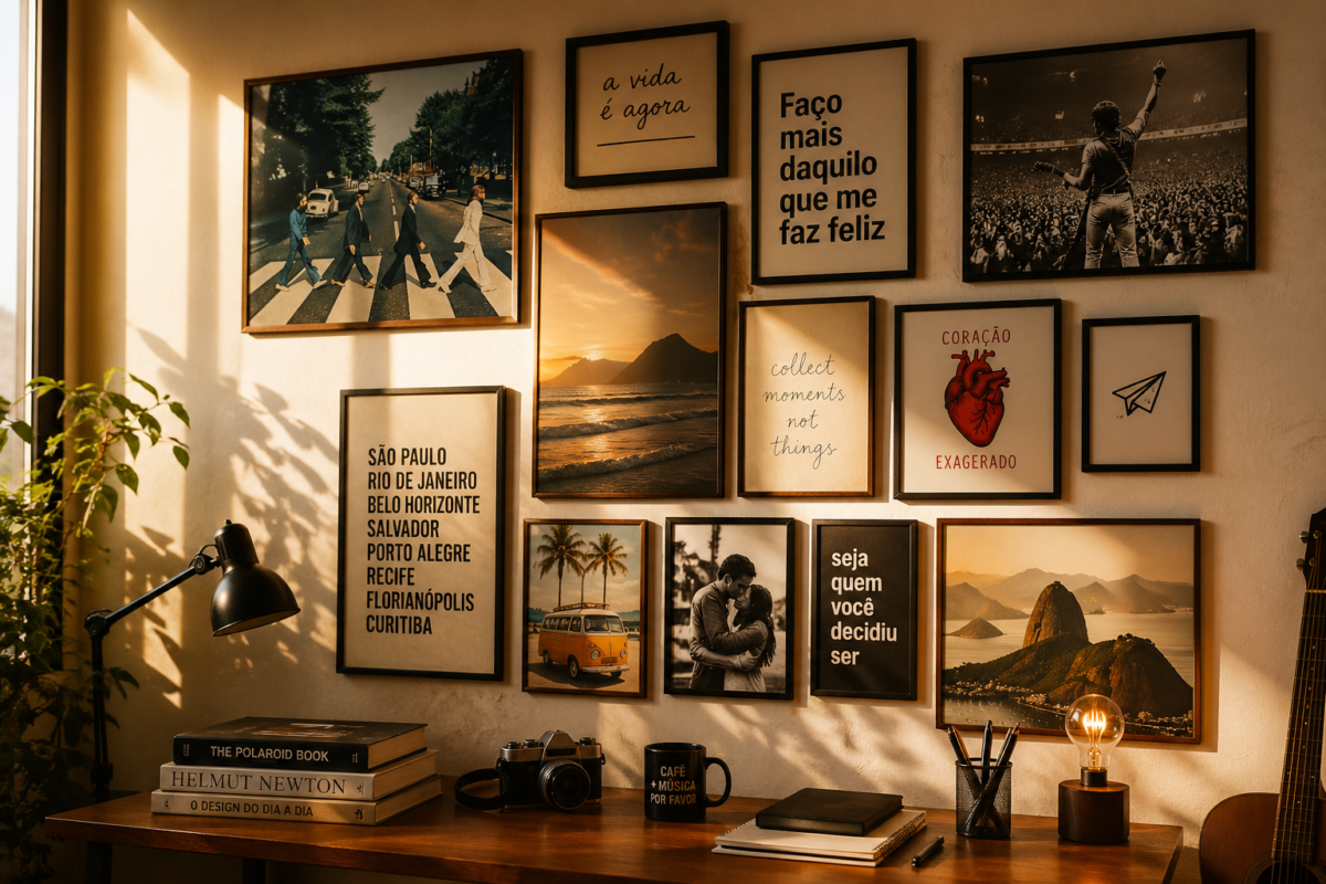 Parede com quadros decorativos que representam memórias, viagens e identidade pessoal em ambiente artístico aconchegante e decoração com sginificado.